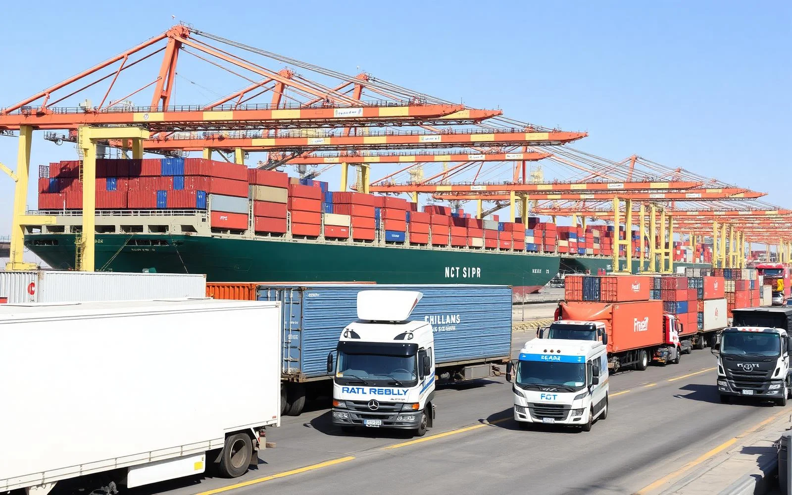 Industrial port in Abu Dhabi with shipping containers and transport trucks